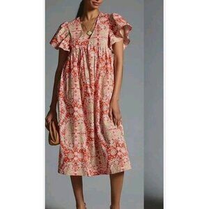 Anthropologie Sz XS Dress Maeve Cotton Flutter Sleeve Midi Babydoll V-neck New